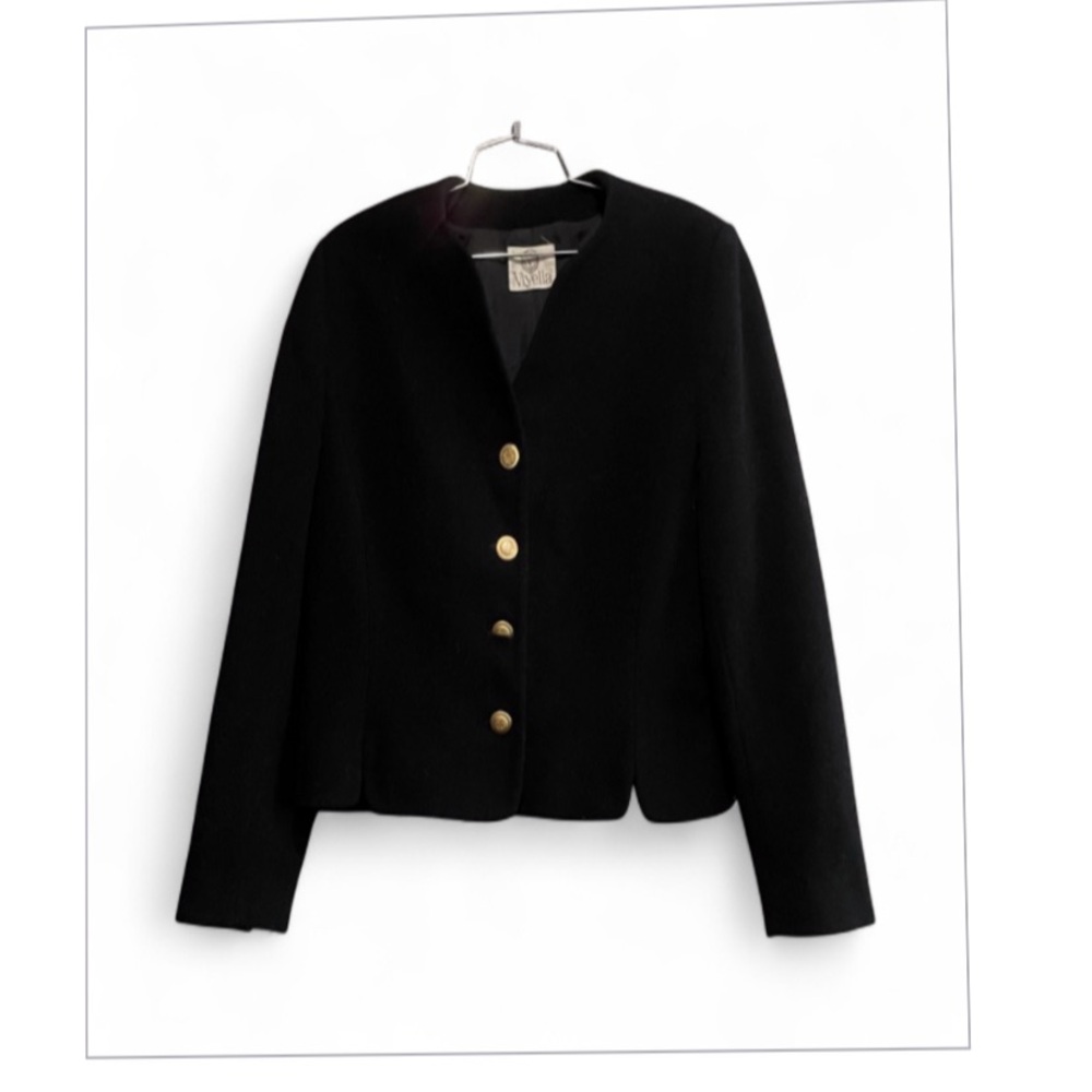 Viyella Wool Blend Crop Black Jacket with Gold Bottom Accents Size UK 14